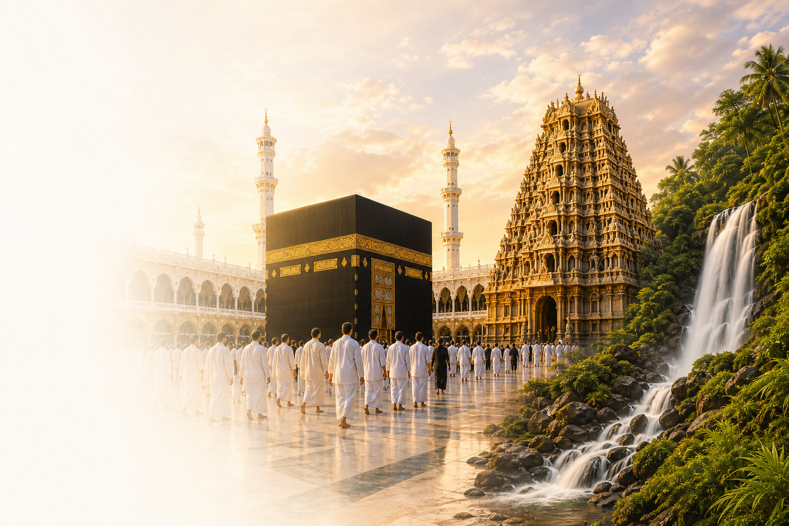 Kaaba in Makkah, Indian temple and waterfall composite